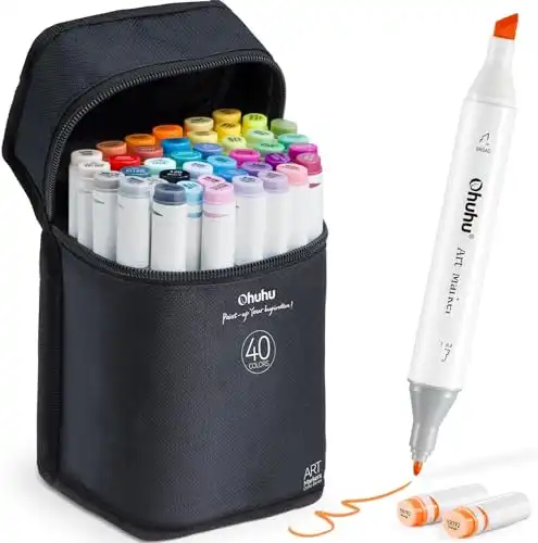 Ohuhu Alcohol Markers - Double Tipped Art Marker Set for Artists Adults Coloring Illustration - Alcohol-based Refillable Ink - 40 Colors - Chisel & Fine Dual Tips