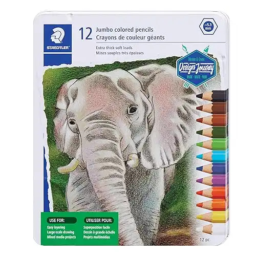 STAEDTLER Jumbo Colored Pencil, 5.3mm Line Width, Pack of 12 Assorted Pencils, Metal Tin, 1290 M12