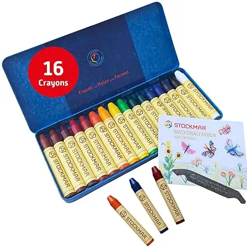 Stockmar Beeswax Stick Crayons, Set of 16 - Non Toxic, Jumbo Crayons, Beeswax Crayons For Toddlers, Kids - Includes Storage Tin