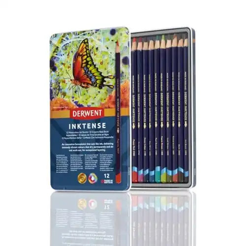 Derwent Inktense Pencils Set of 12, Watersoluble, Ideal for Watercolor, Drawing, Coloring and Painting on Paper and Fabric