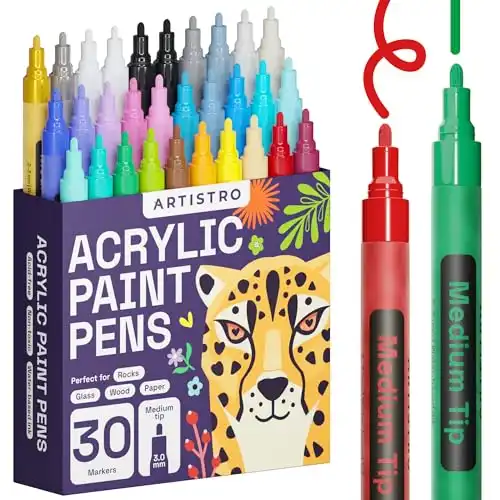 30 ARTISTRO Acrylic Medium Tip Paint Pens, -Markers for Fabric, Canvas, Rock, Glass, Wood, Paper, Paint Markers