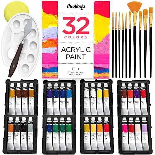 Chalkola 45 Acrylic Paint Set for Adults - Canvas Paint, Craft Paint Wood, Ceramic Art - 32 Colors Acrylic Paints Kit (22ml), 10 Painting Brushes, 1x Knife, Sponge & Palette for Beginner Kids &...