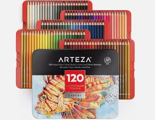 120 Arteza Watercolor Colored Pencils, Pencils in Bright Assorted Shades, Art Supplies for Blending, Layering, and Watercolor Techniques