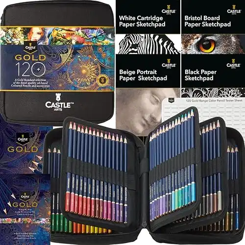 Castle Art Supplies Gold Standard 120 Coloring Pencils Set with Extras, Oil-based In Zipper Case.