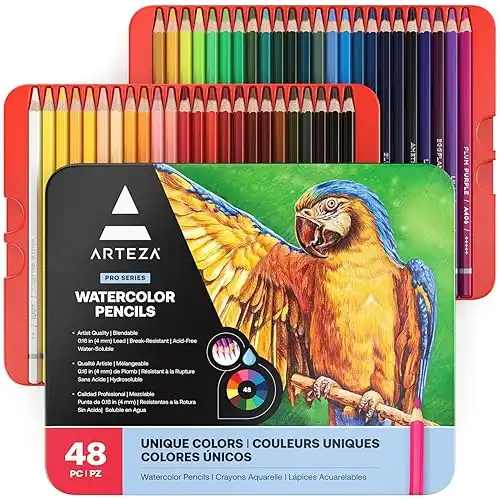 ARTEZA 48 Watercolor Pencils, Water Colored Pencils Set for Artists, Water Color Pencils in Tin Box for Adults