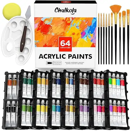 Chalkola Acrylic Paint Set for Adults, Kids & Artists - 64 Acrylic Tubes (22ml) plus More!